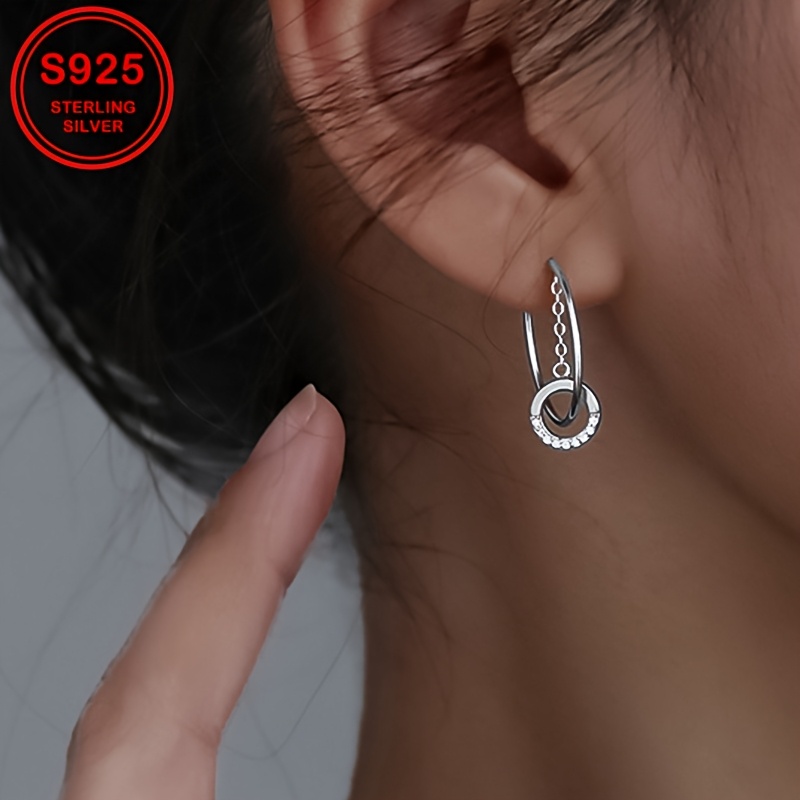 Geometric Hoop Earrings with Synthetic Zirconia Inlay S925 Silvery